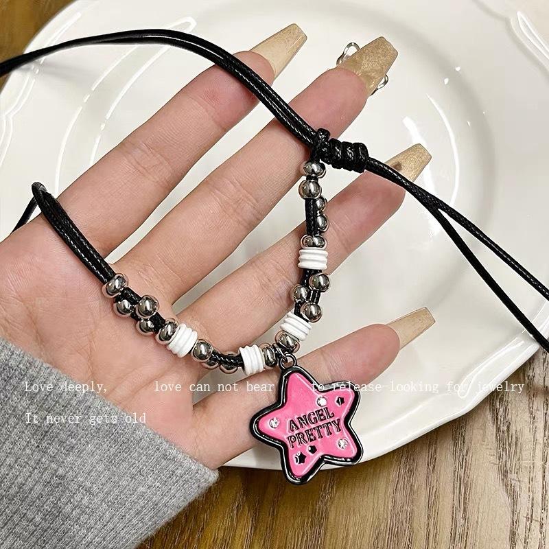 Pink Star Love Leather Rope Necklace Female Niche Premium Sweet Cool Style Hip Hop Sweater Sweater Chain Spice Girl Accessories