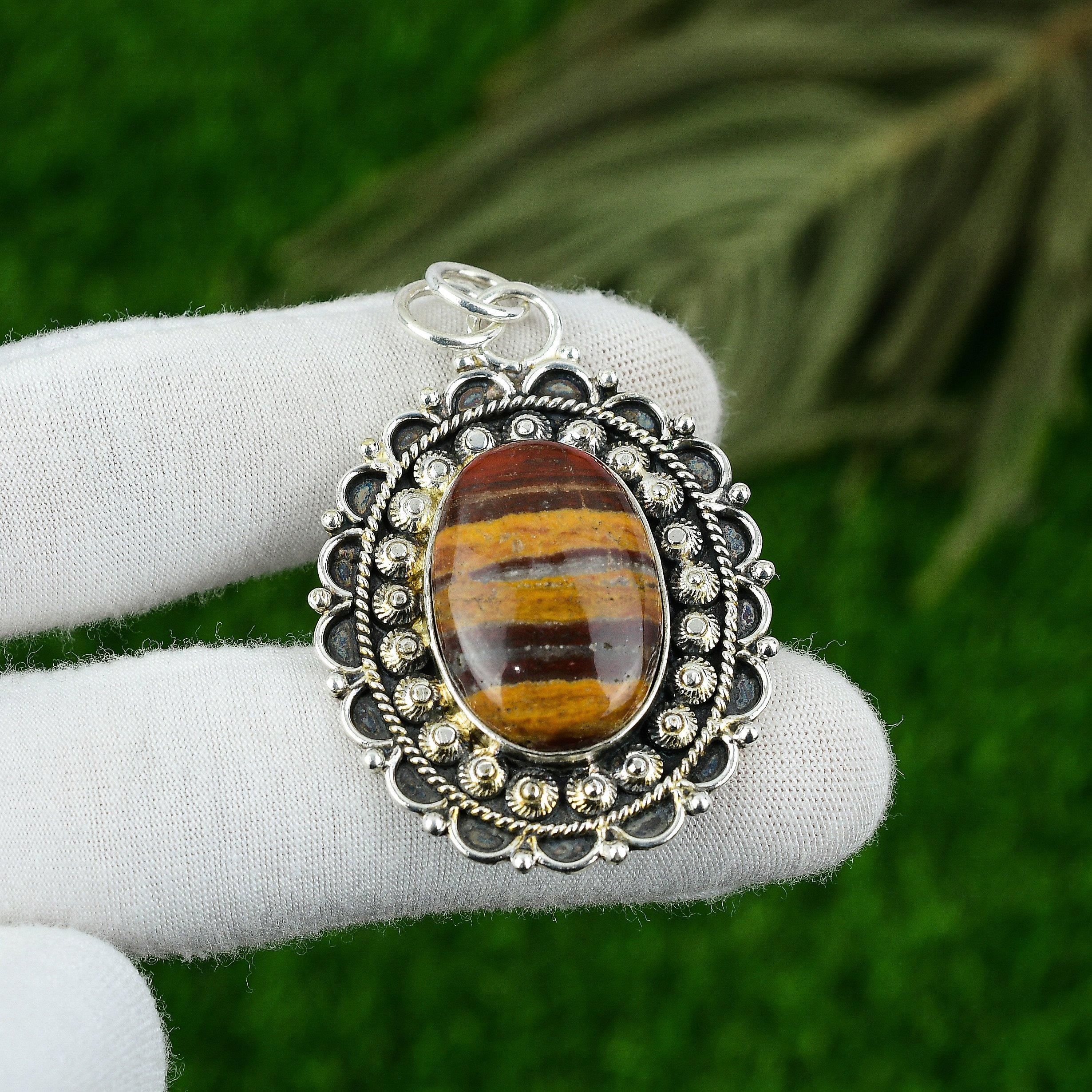 

925 Silver Oval Natural Red Snakeskin Jasper Bezel Mother Anniversary Pendant