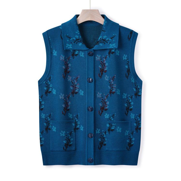 Mom's Autumn New Knitted Sweater Vest Middle-aged and Elderly Women's Vest Cardigan Vest Grandma Autumn Sweater Horse