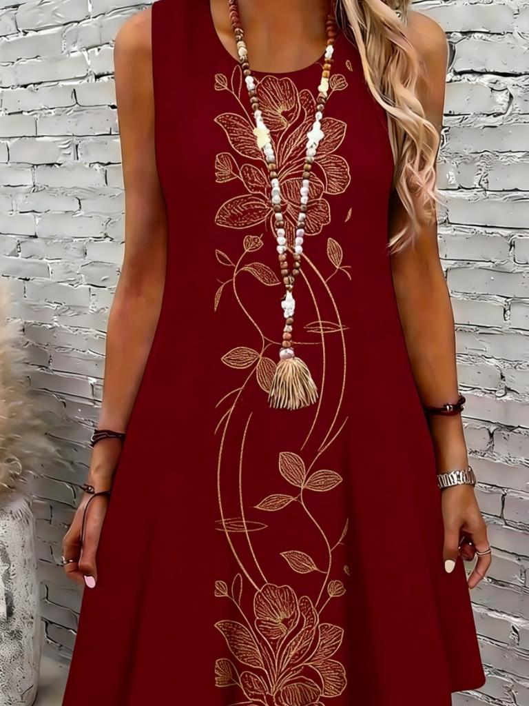 Women's Floral Print Round Neck Dress, Fashion Casual Sleeveless Short Dress for Daily Outdoor Wear, Ladies Dress for Summer