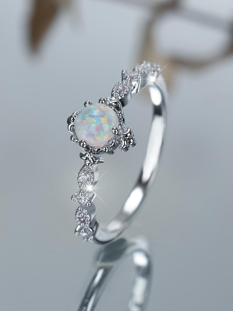 Charm Female Opal Stone Round Ring Silver Color Cute Gift Wedding Jewelry for Women