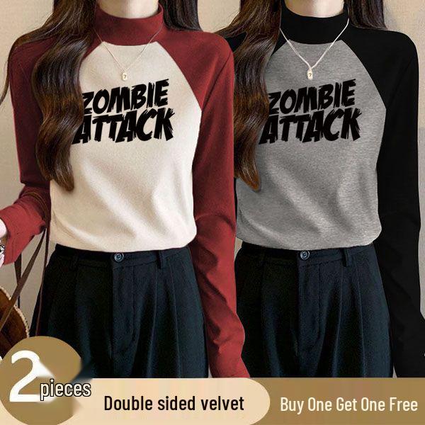 

Women s German Velvet Color Block Semi-High Neck Shirt - Winter Slim Fit & Warm, Two-Piece Elastic Design 3XL (145-160 lbs)