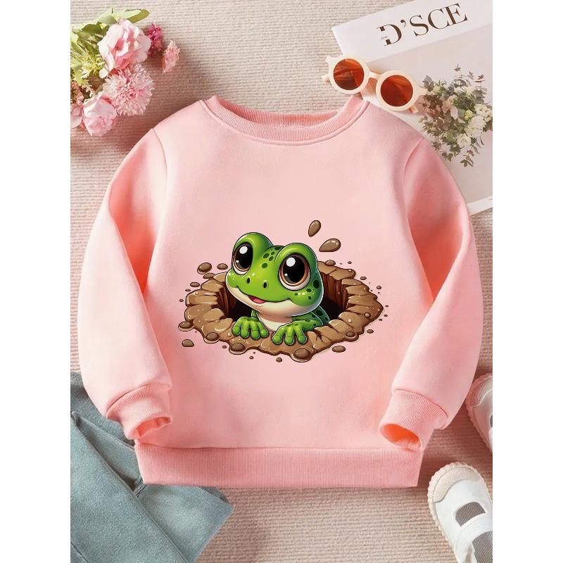 Kids Crewneck Sweatshirt, Cute Green Frog Peeking Out of Muddy Pond Graphic Print