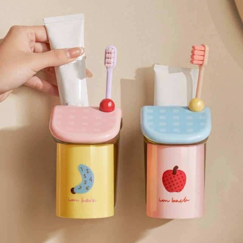 1 Set House Shape No Drill Magnetic Wall Mounted Toothbrush Cup Holder Bathroom Storage