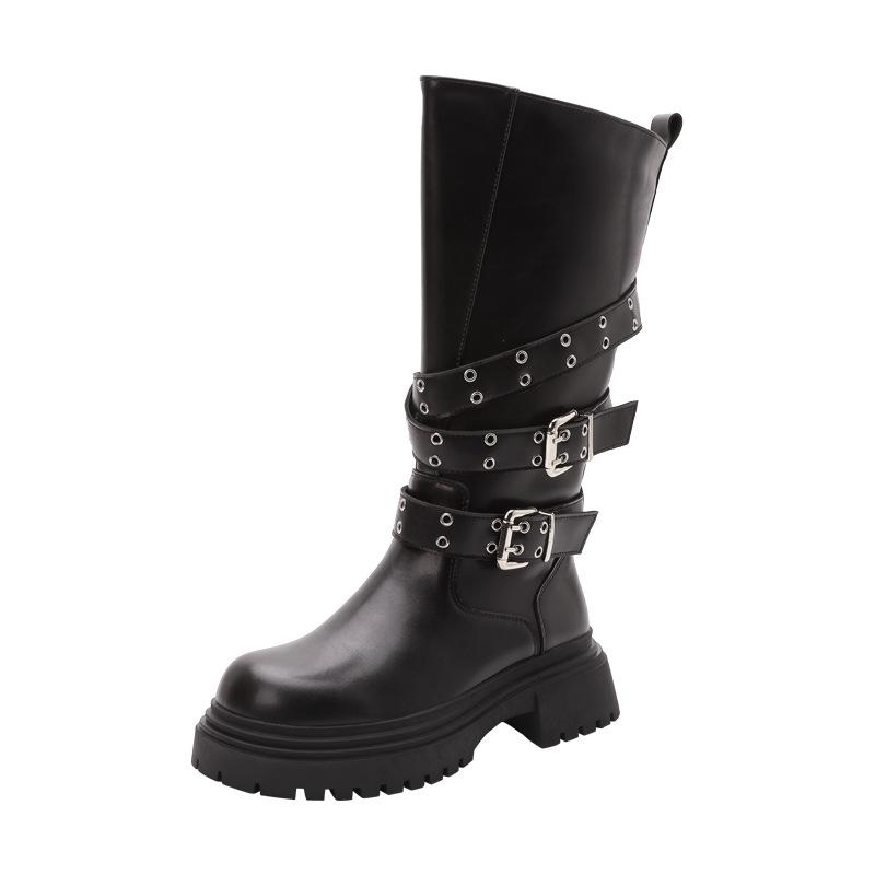 Wide tube thick sole belt buckle boots women's 2025 new punk British style thick heel thin heightening knight boots tall tube
