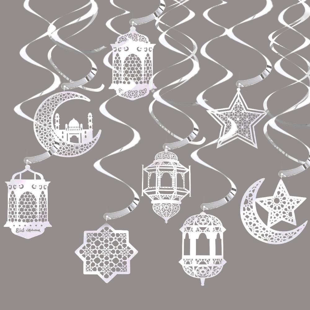 8Pcs Paper Garland Hanging Banner Pendant Star Moon Design Eid Mubarak Banner  Home Decor