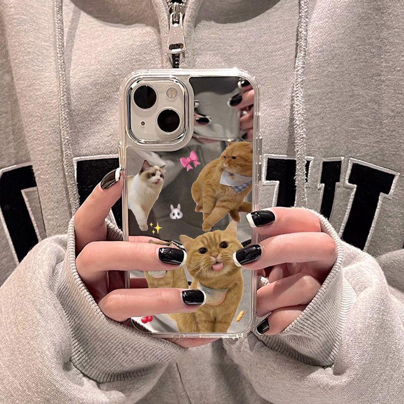 Cat Cute Pet Suitable for iPhone17 Mirror Mobile Phone Case 16pro Electroplating Button X Apple 15 All-inclusive 14 Cartoon