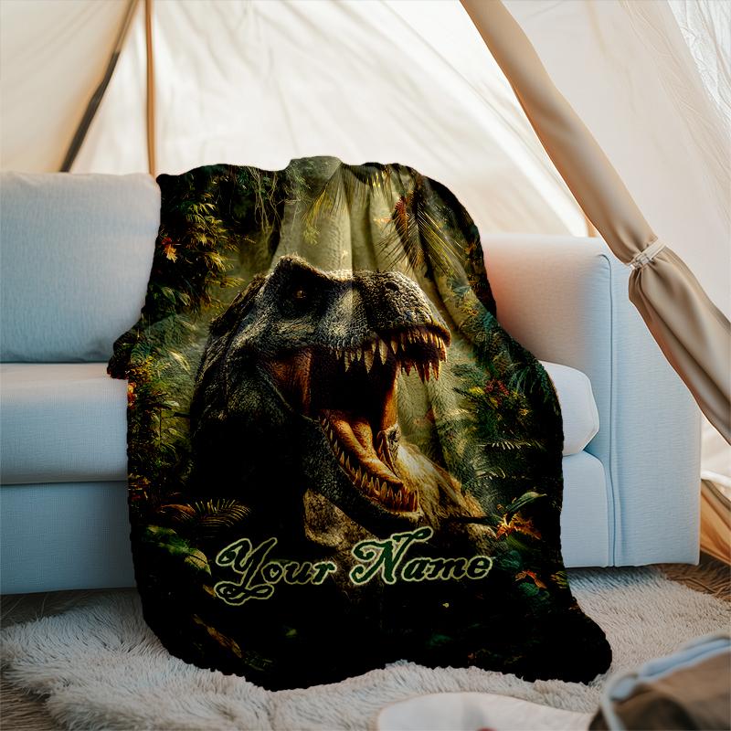 1PC Custom Name Dinosaur Adventure Jungle Outdooor Flannel Blankets Patterns Throw Blanket All-Season Soft Gift for Couch, Bed, Camping Gifts