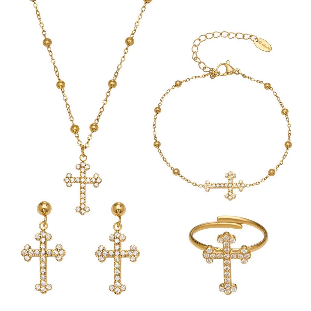 Qiong Yao 5A Zirconia Cross Jewelry Set: 18K Gold-Plated Earrings, Bracelet, Ring, Pendant, and Clavicle Chain