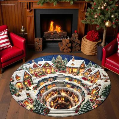 Tappeto Rotondo Tappetino Tappeto Decorativo Natalizio con Illusione 3D Scena di Babbo Natale e Neve Decorazione Festiva per la Casa Decorazione Festa di Natale Tappetino per Soggiorno