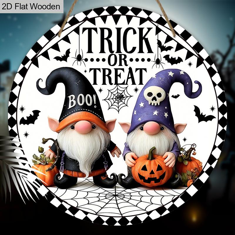 Cartoon Style Wooden Halloween Sign with Adorable Gnomes Pattern - Trick or Treat Figurine Ornaments - Ideal for Front Door, Wall, Room Decor