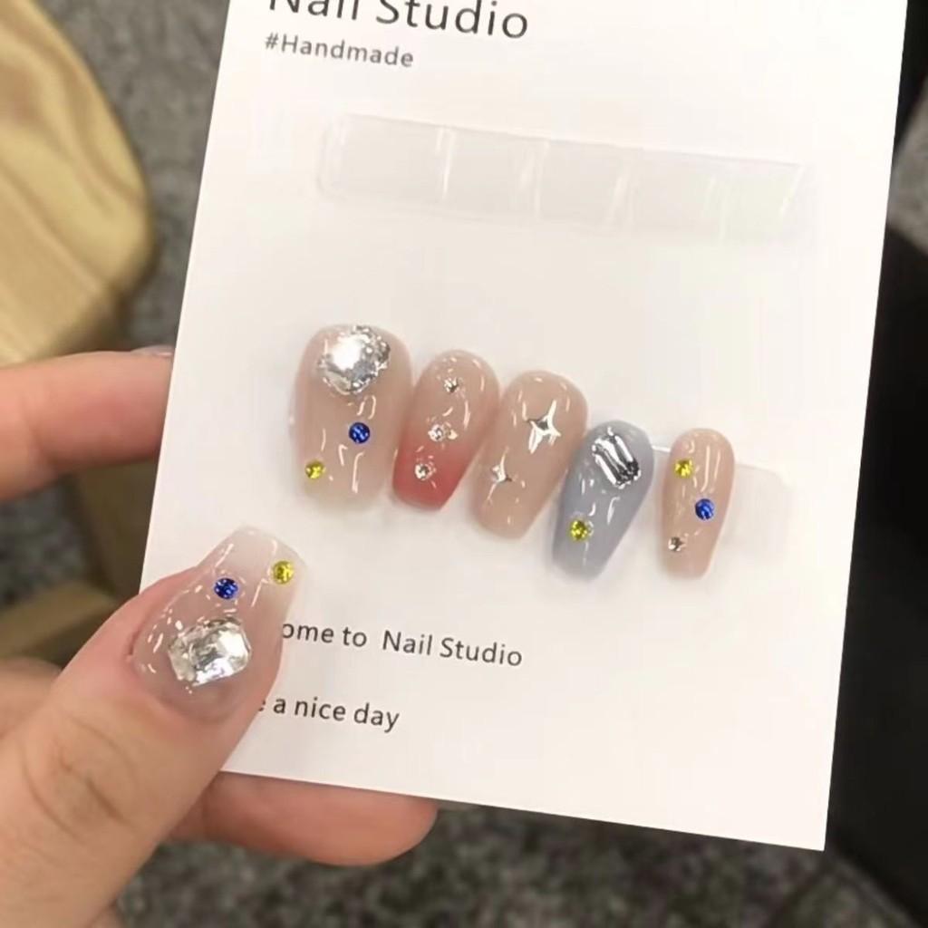 

Wearable Nail Handmade Art With Blue Pink Star Mandarin Duck Removable Pattern L