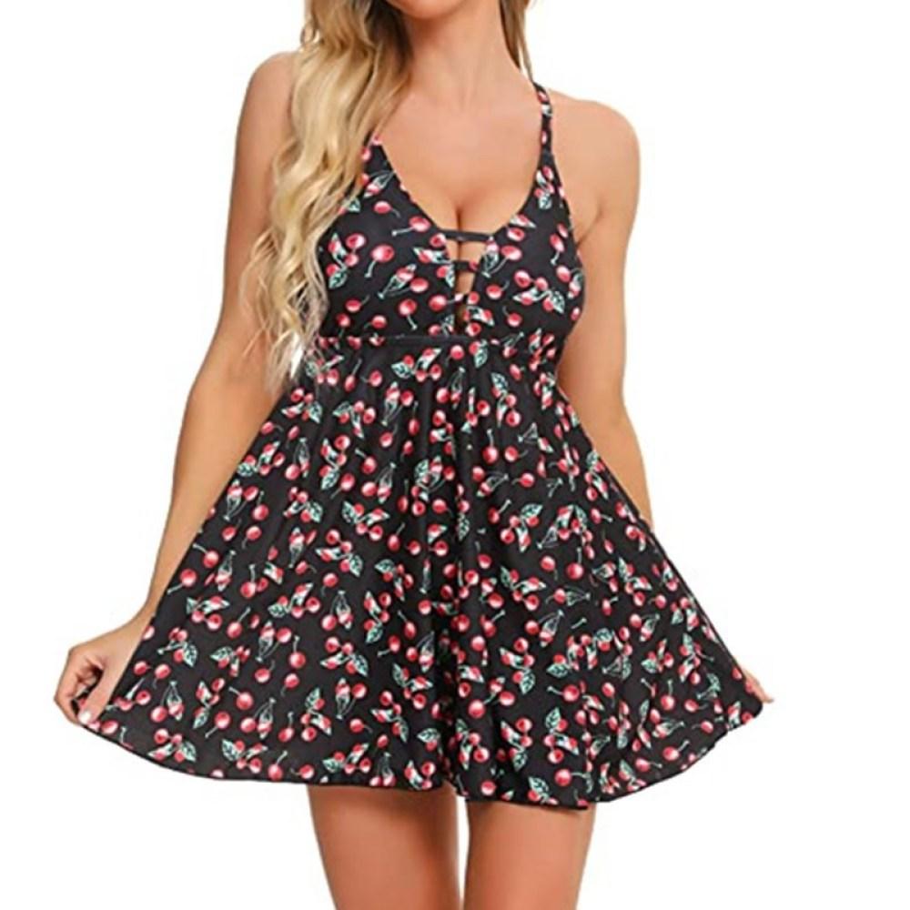 Women's printed one-piece boxer gathered suspenders sexy backless split swimsuit two-piece set