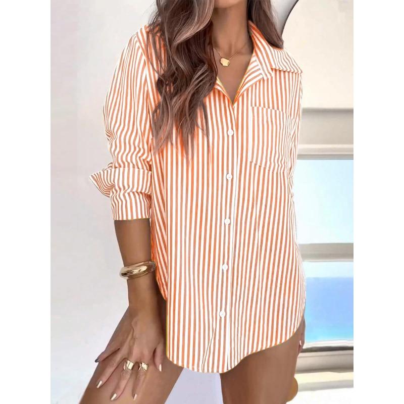 Women's Spring Autumn Striped Buttons Shirt Long Sleeve Casual Office Work Blouse Pocket Fashion Elegant Loose Simple Tops Vintage Clothing