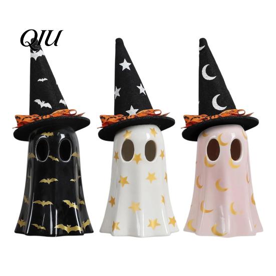 Resin Ghost Figurines Light Up Halloween Decoration, Cute Spooky Witch Hat Figurine, Festive Holiday Party Decor LED Lighted Statue for Mantel, Shelf,