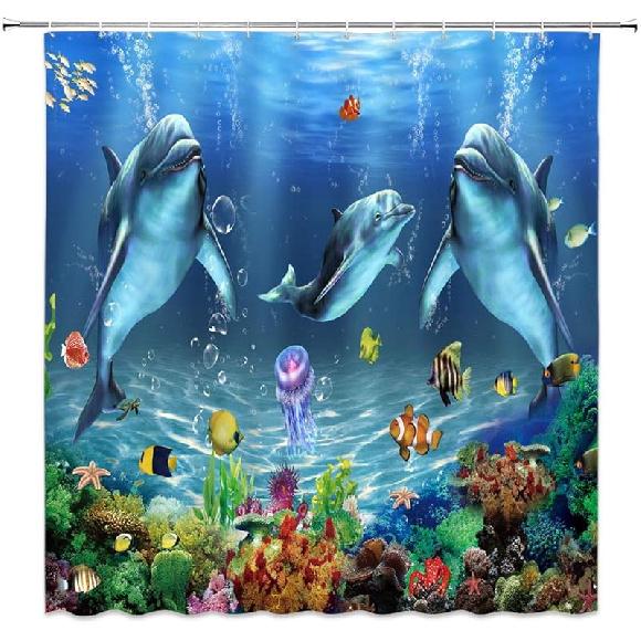 Underwater Dolphin Blue Shower Curtain Ocean Cartoon Whale Boys Animal World Marine Life Tropical Fish Fantasy Sea Coral Reef Seabed Bathroom
