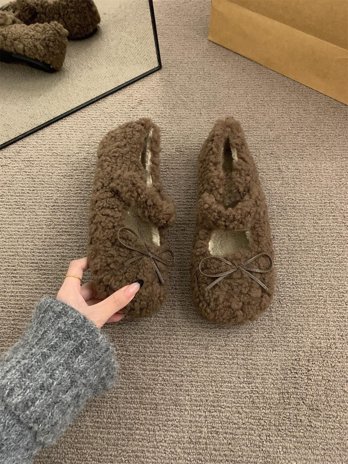 

Туфли французской феи пушистые, женская обувь зимой 2024 года, новые милые универсальные туфли Мэри Джейн с неглубоким бантом 40 темно-коричневого