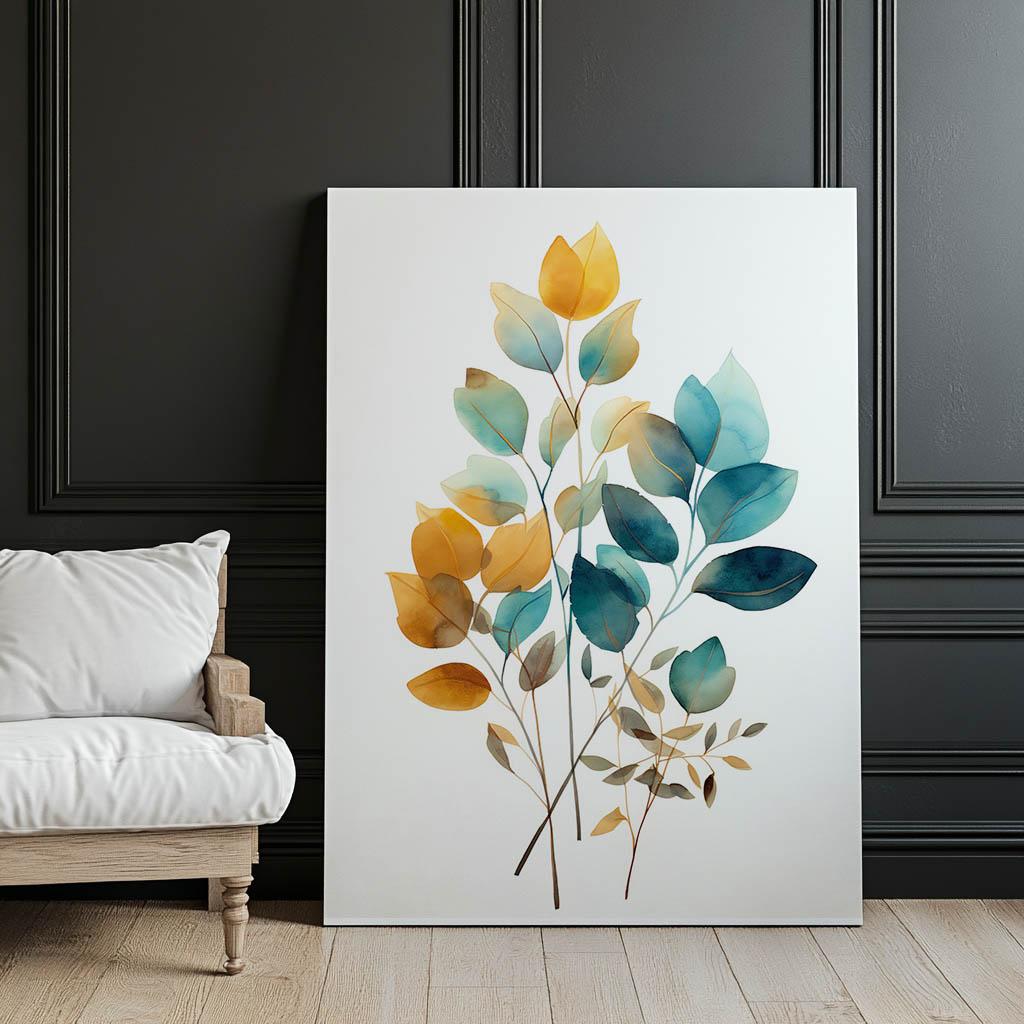 Golden Leaves In Watercolor Golden Leaves In Watercolor, 40X50 Cm, Gold Aluminum Frame, 230 Gsm Matte Paper