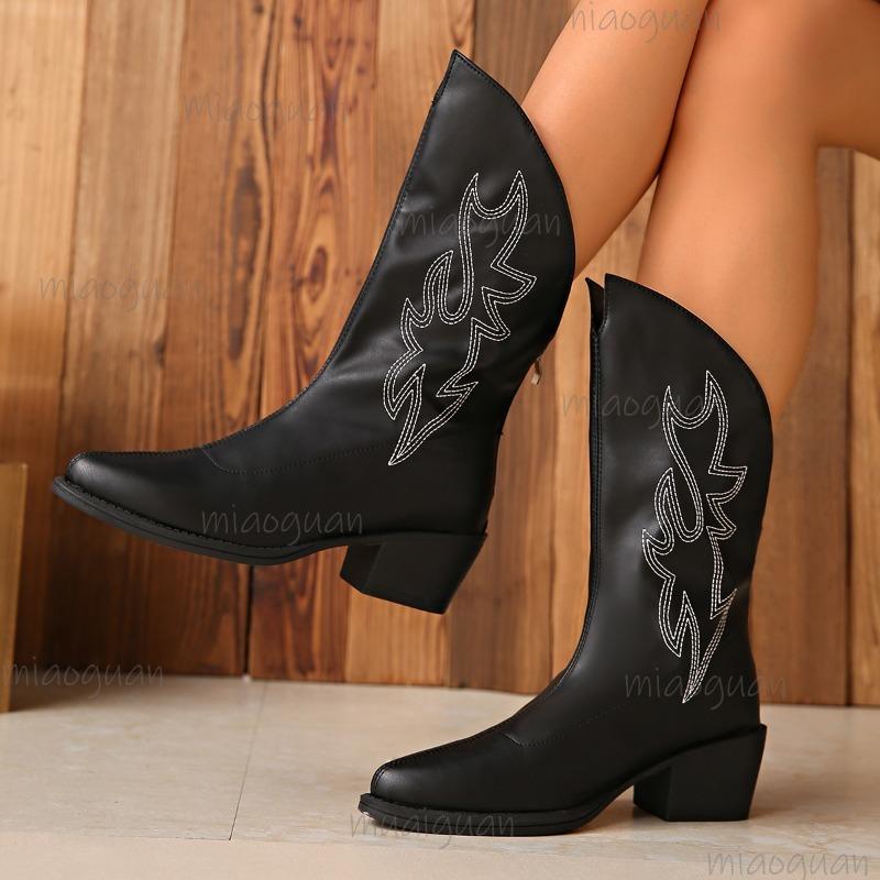 Fashion British Style Embroidered Solid Black Mid Heel Knight Boots 2025 Autumn New Pointed Back Zipper Western Mid-Calf Boots for Women