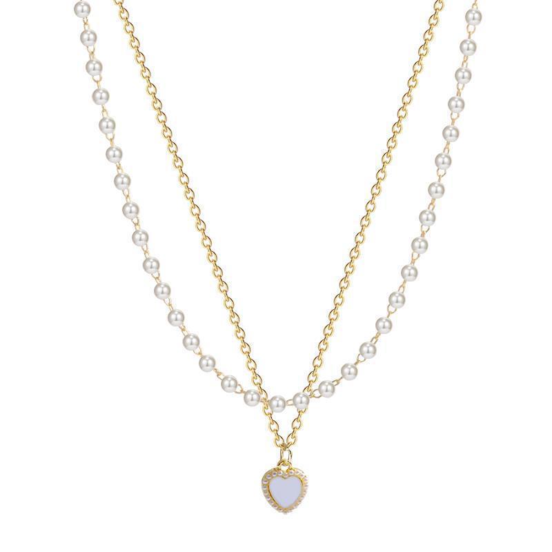 Elegant Double-Layer Pearl Necklace with Heart Zirconia Pendant for Women - Trendy Clavicle Chain