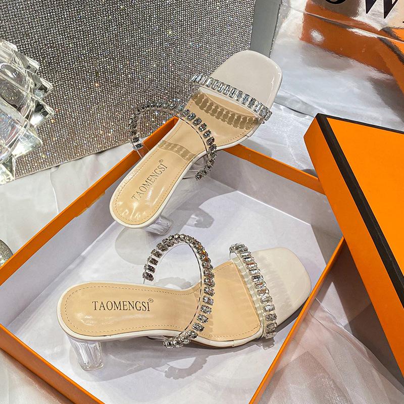 YD-20 [] Summer delicate fairy square head double one-word diamond with transparent thick heel sandals female