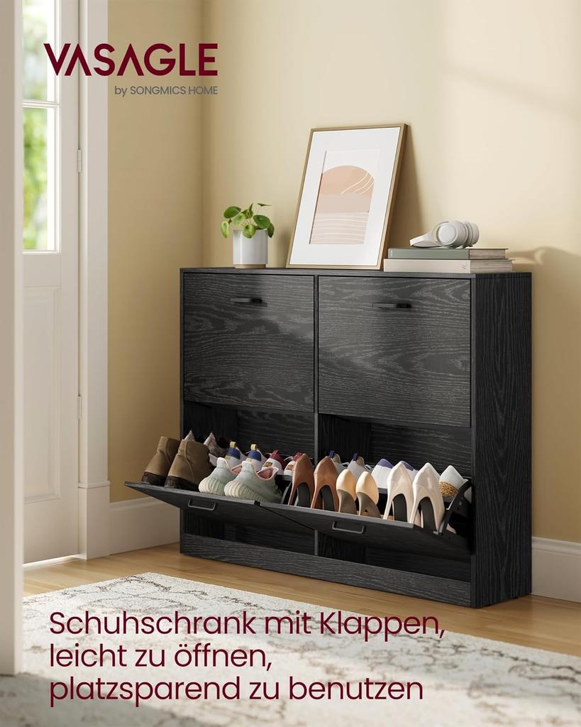 VASAGLE Shoe Cabinet 4 Flaps Shoe Rack Shoe Storage Divider Adjustable for 16-28 Pairs of Shoes Hallway 24 x 105.5 x 82.7 cm Ebony Black