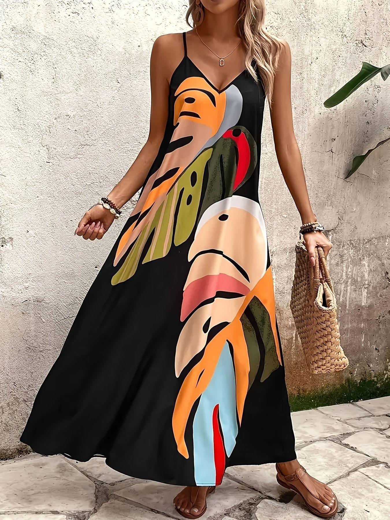 

European and American summer fashion vacation comfortable casual printed V-neck suspender long dress S чёрный