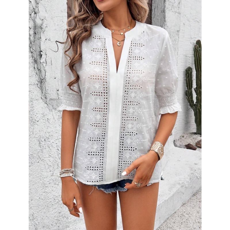 Women S V Neck Puff Sleeve Hollow Lace Blouse Top S белый