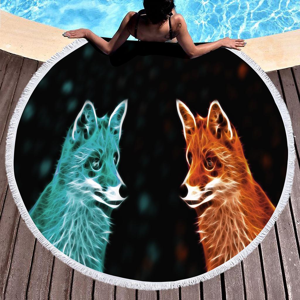 Fox Round Beach Towel, Jungle Wild Animal Beach Blanket,Rustic Farmhouse Woodland Fox Absorbent Quick Dry Pool Towel Picnic Mat