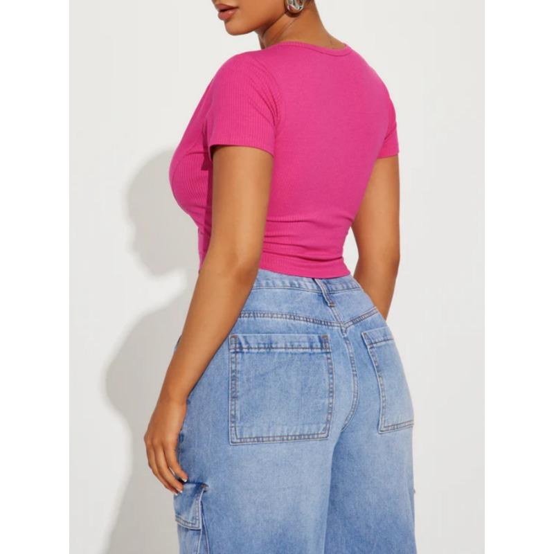 Women Sexy Deep V Neck Cropped Short Sleeve Slim Fit Casual Sports T Shirt