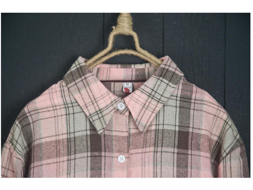 Camicia Giacca da Donna a Quadri Rosa in Cotone e Lino di Media Lunghezza Larga Primavera/Autunno