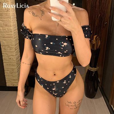 Costume da bagno da donna con bikini a spalle scoperte e stampa floreale, costume da bagno da donna, set bikini a vita media, costume da bagno