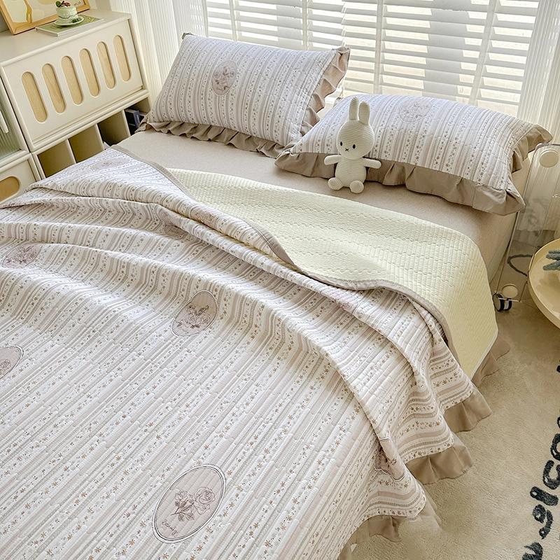 Cotton Quilted Bedspread Set 3 Pieces With Lace Trim Pure Cotton Washed Bed Sheet And Two Pillowcases Soft Breathable Durable Bedding Set