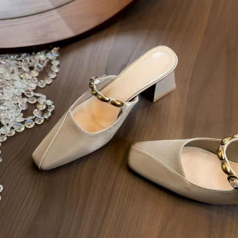 

Fashion Block Heel Baotou Liangtuo Women s Fashion Square Toe Shallow Mouth Metal Buckle One Strap Non-Slip Kitten Heel Shoes 35 шампанского