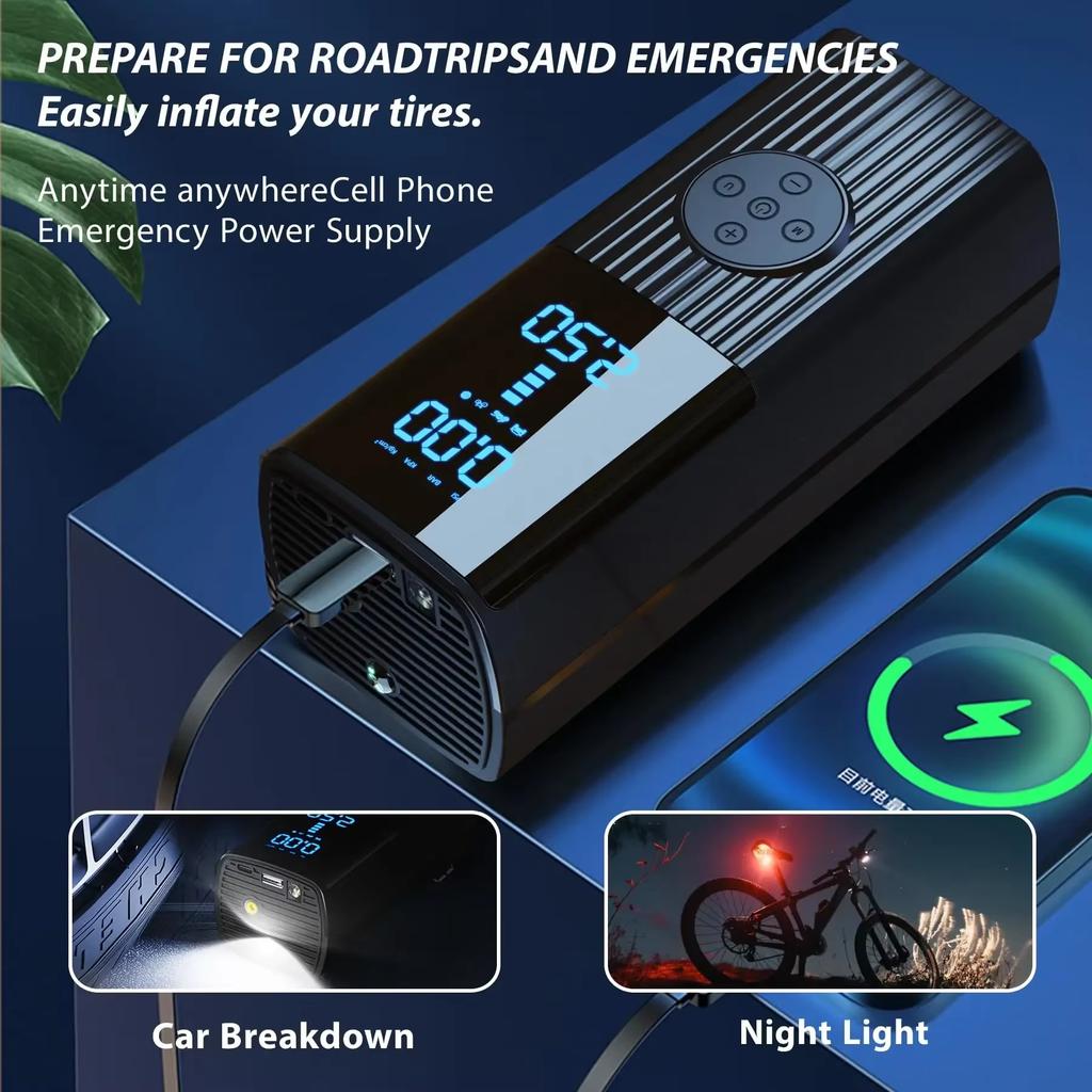 High Power Explosive Battery Car Tire Inflator 60L/min Bicycle Air Injector Portable Digital Compressor Electric Inflator with LED Light