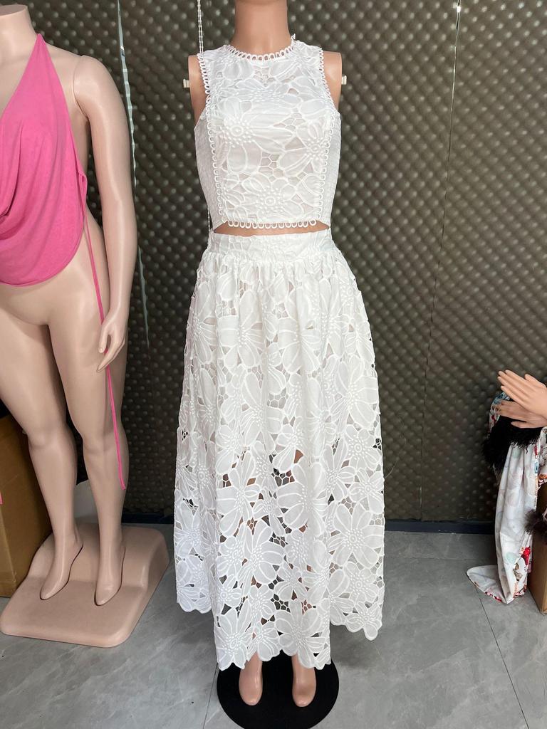 European & American Casual Lace Hollow Out Vest & Skirt Two-Piece Set