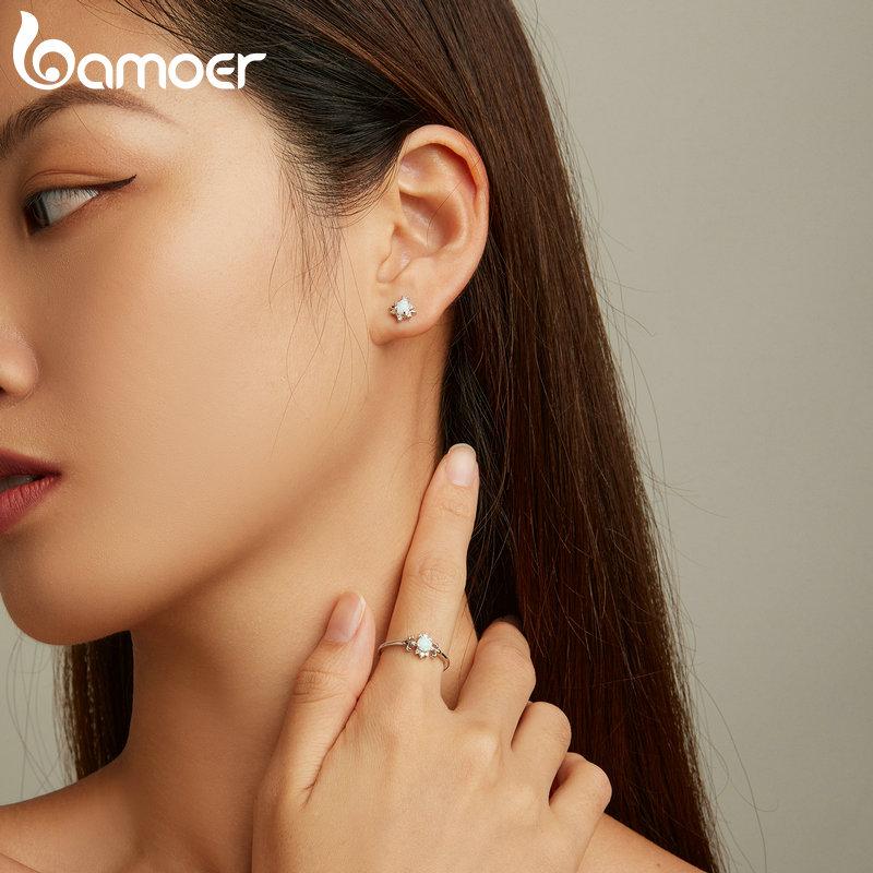 BAMOER Real 925 Sterling Silver Delicate Opal Ring & Stud Earrings for Women Promise Ring Fine Jewelry Set Wedding Party Gift