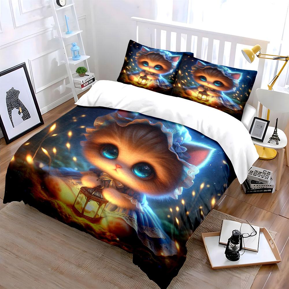 3Pcs Cute Kitten Lantern With Warm Light Duvet Cover Set With 3D Printing Design Soft Polyester Bedding Set All-Season Comfort