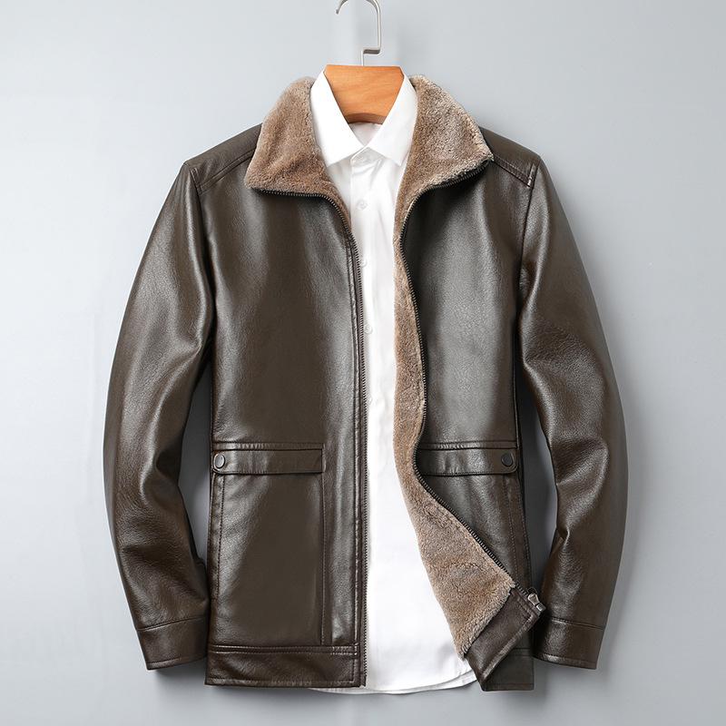 Herren Winter Dicke Lederjacke mit Plus-Samt und Stehkragen