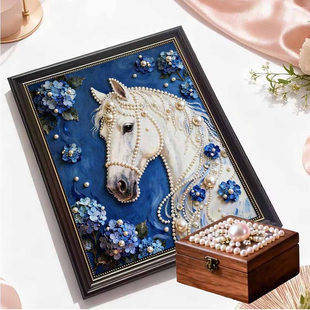 DIY White Horse Pearl Art Painting for Home Wall Decor Pearl Gem Paintings Picture Arts Craft  for Adults/Beginners Gift Idea Home Decor Without Frame
