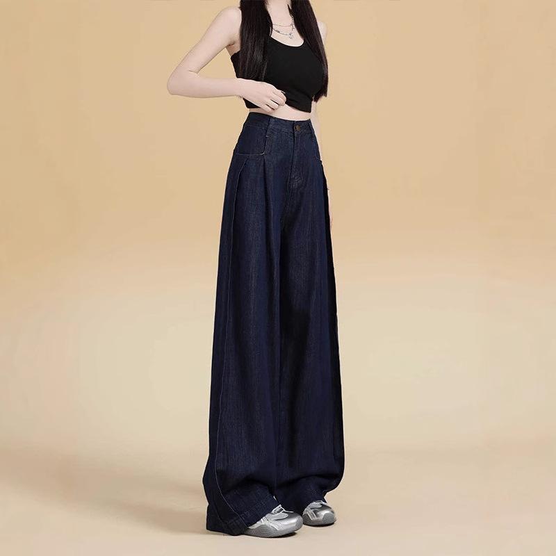 Women's Dark Blue High-Waisted Wide-Leg Jeans - 2024 Spring/Autumn, Slimming & Floor-Length
