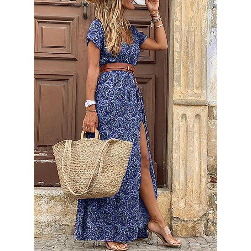 Women‘s Boho Maxi Dress V Neck Short Sleeve Paisley Print Belt Large Hem Beach Long Dress Cocktail Dresses