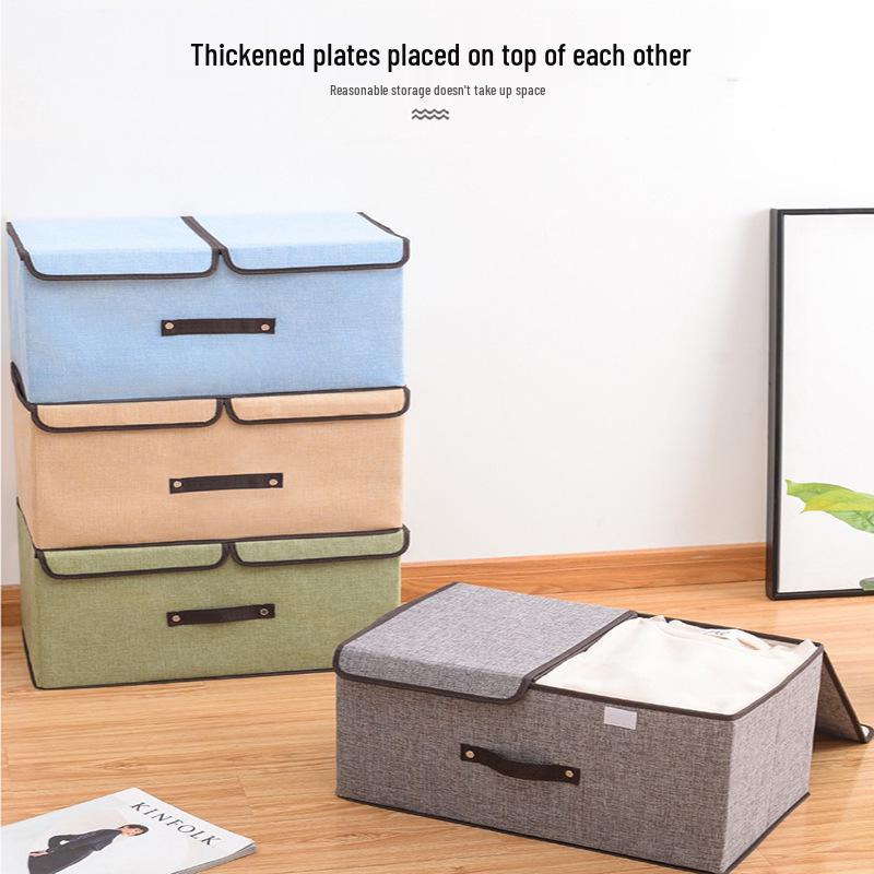 Foldable Cotton & Linen Double-Lid Storage Box with Handle for Clothes and Pants