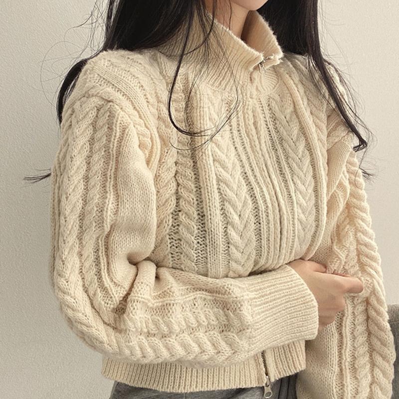 Women Double Zipper Sweater Lapel Short Pullover Crochet Fabric Solid Color Knitted Cardigan Casual Elegant Coat Fall Winter