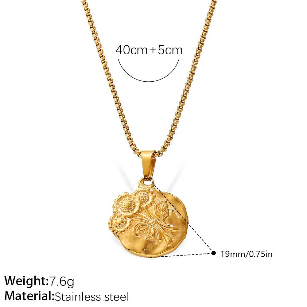 Trendy Retro Round Brand Engraved Rose Pendant Necklace Fashionable Simple Versatile High-End Necklace