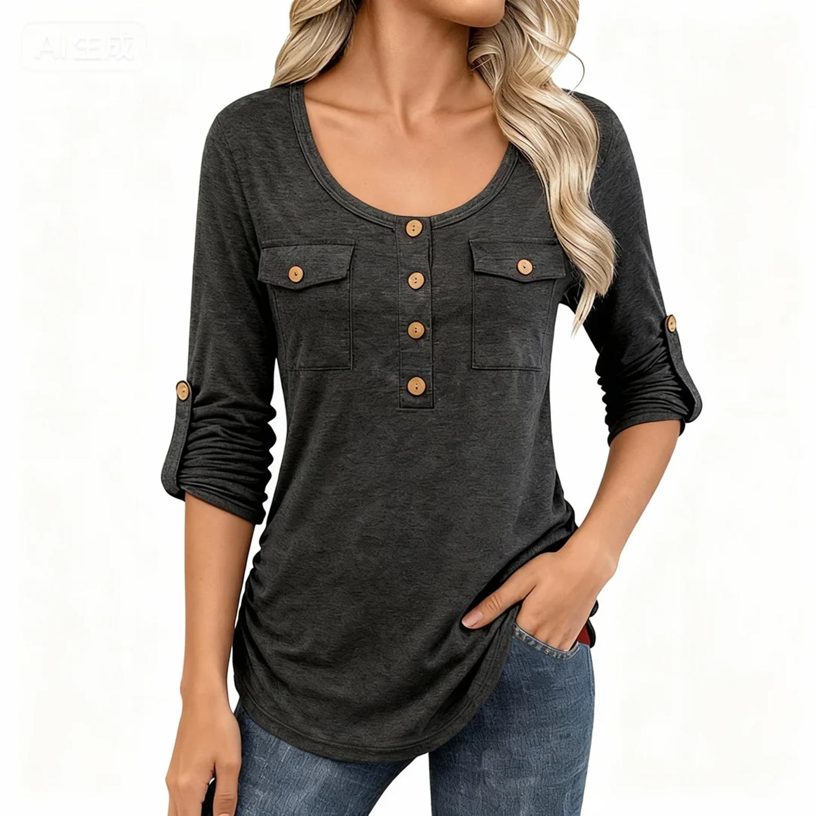 

Women s Fashionable Casual Color Round Neck Long Sleeve Button Pocket Top XL