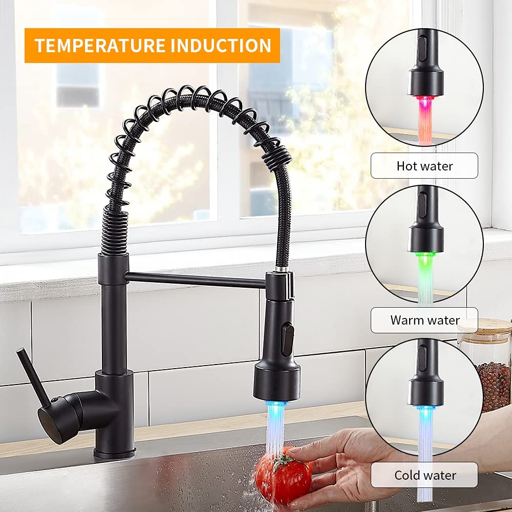 LED Light Kitchen Faucet with Pull Down Sprayer Sus304 Stainless Steel Industrial Single Handle Faucet  9005