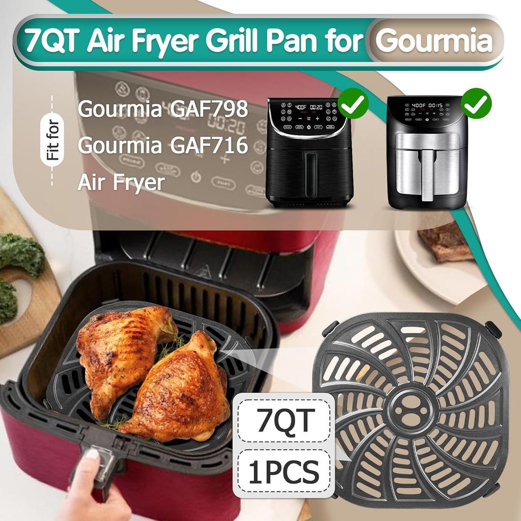 7QT Air Fryer Grill Plate for Gourmia GAF798 GAF716 Air Fryers, 8.97''×8.97'' Air Fryer Tray Replacement for Gourmia, Nonstick Air Fryer Grill Pan
