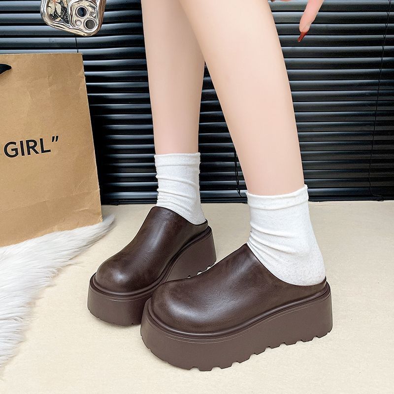 Height-increasing Thick-soled Cotton Slippers Women's Half-tow Bag Head Slippers Autumn and Winter Outer Wear 2025 New Popular Internet Celebrity Blac