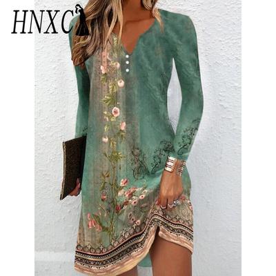 HNXC Women's Fashion Autumn Winter Long Sleeve V-Neck High Waist Casual Dresses